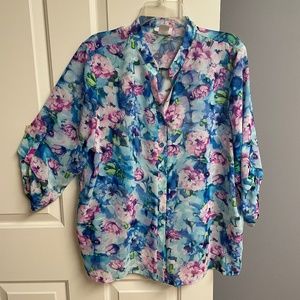 Bon Worth Button Blouse, Blue Floral, 3/4 Sleeve, Woman Petite Large